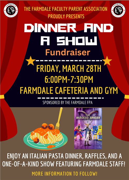 Dinner and a show flyer with pictures of pasta and masked singer